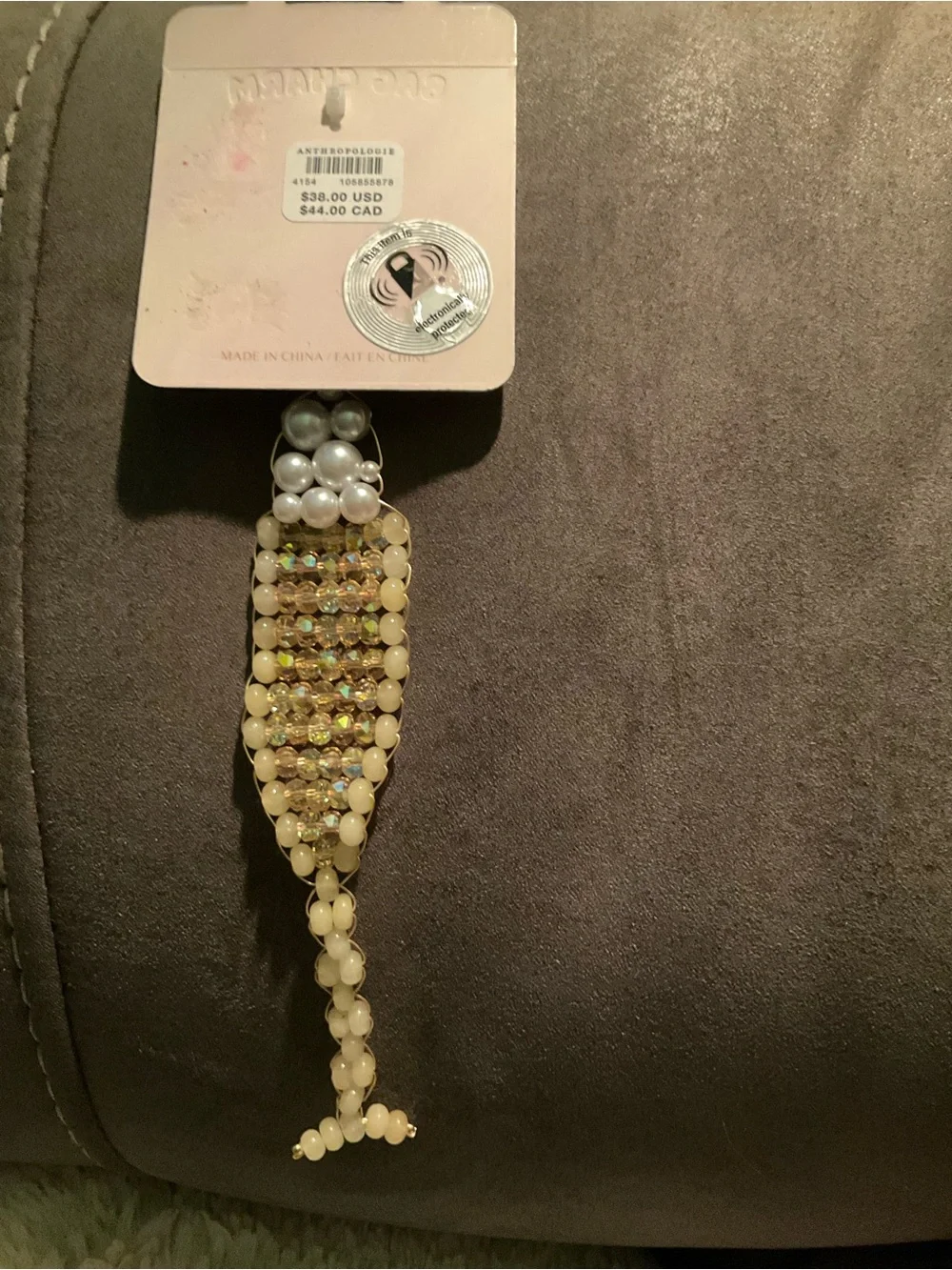 Anthropologie Pearl & Iridescent Bead Champagne Glass Bag Charm- Gold Hardware
